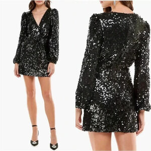 NEW WAYF Black CARRIE Balloon Long Sleeve Sequin Cocktail Mini Dress